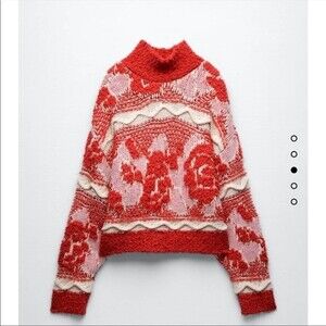 Zara Jacquard Knit Sweater Pink Red and White Size Small NWT